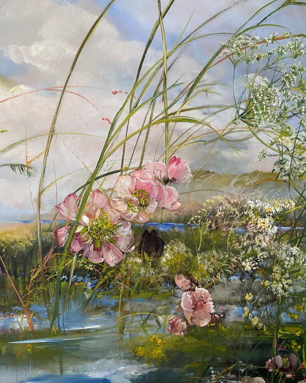 Painting of pink flowers and white blooms over water with sky
