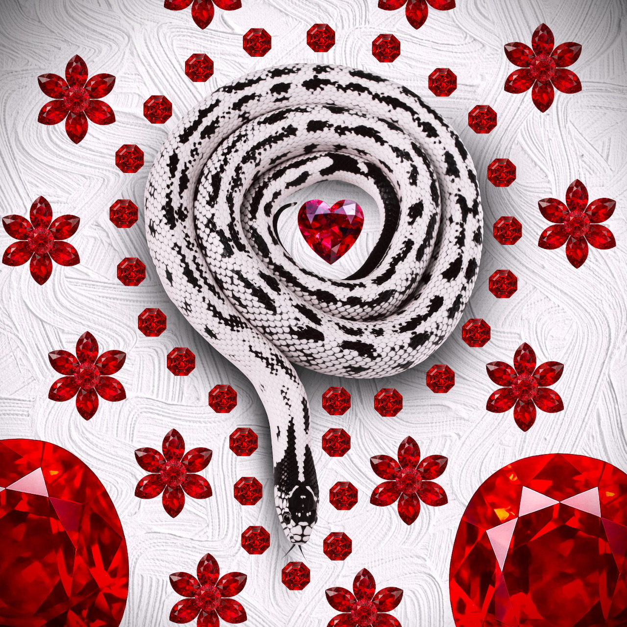 Coiled black and white snake with a red heart gem and red jewel flowers on a white background