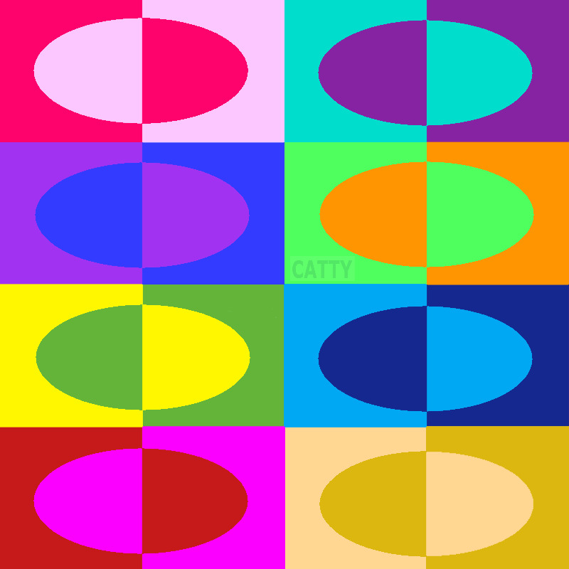 Grid of eight squares with split ovals in bright contrasting colors, pop art style