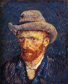 Van Gogh self-portrait painting with grey felt hat and red beard against blue background