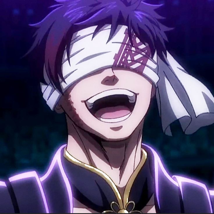 Anime character Qin Shi Huang laughing with bandages over his eyes against a dark purple background