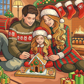 Family decorating gingerbread house in festive Christmas room with fireplace and tree