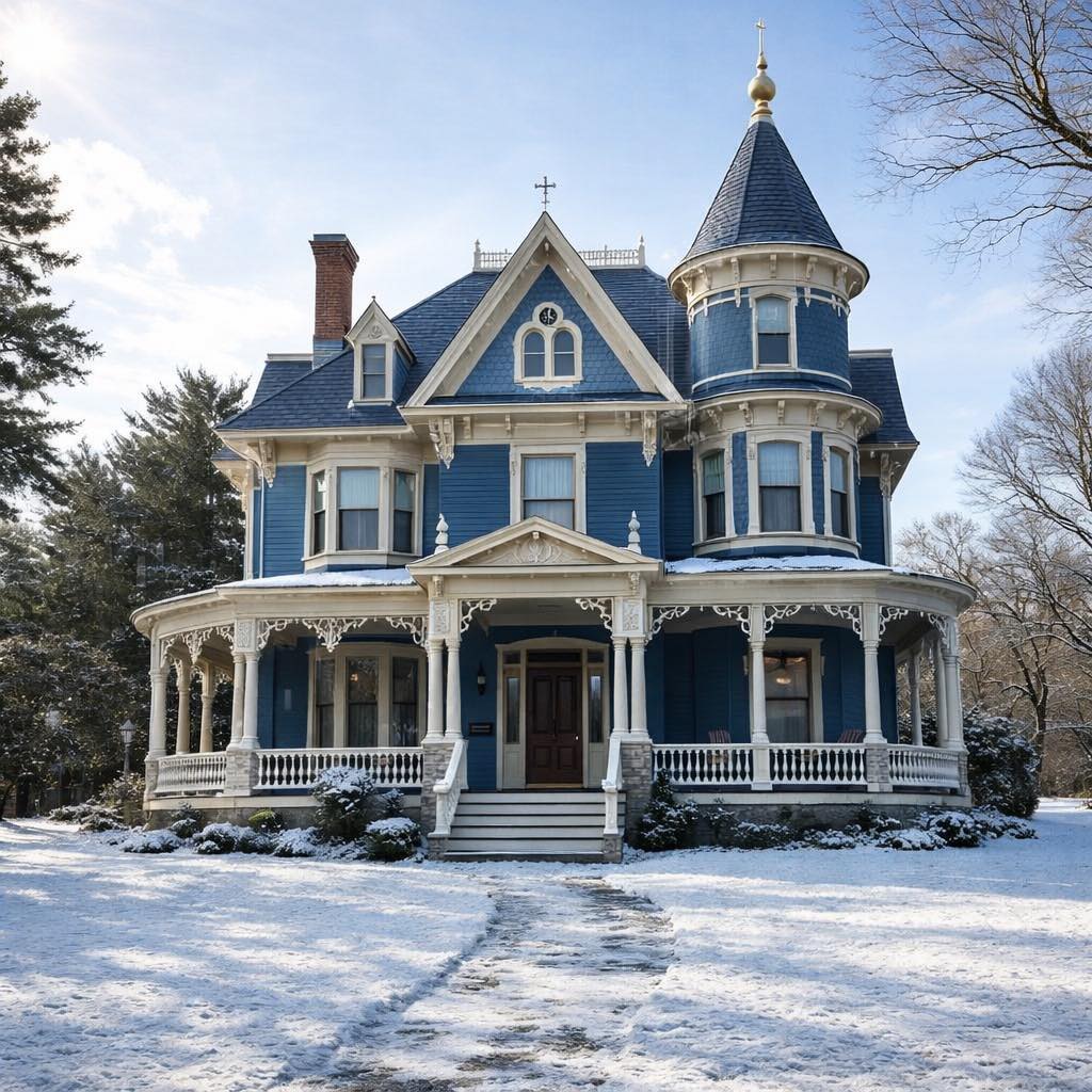 Victorian house with turret and porch in snow