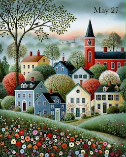 Folk art painting of a charming village with colorful houses, church steeple, trees, and a flower garden