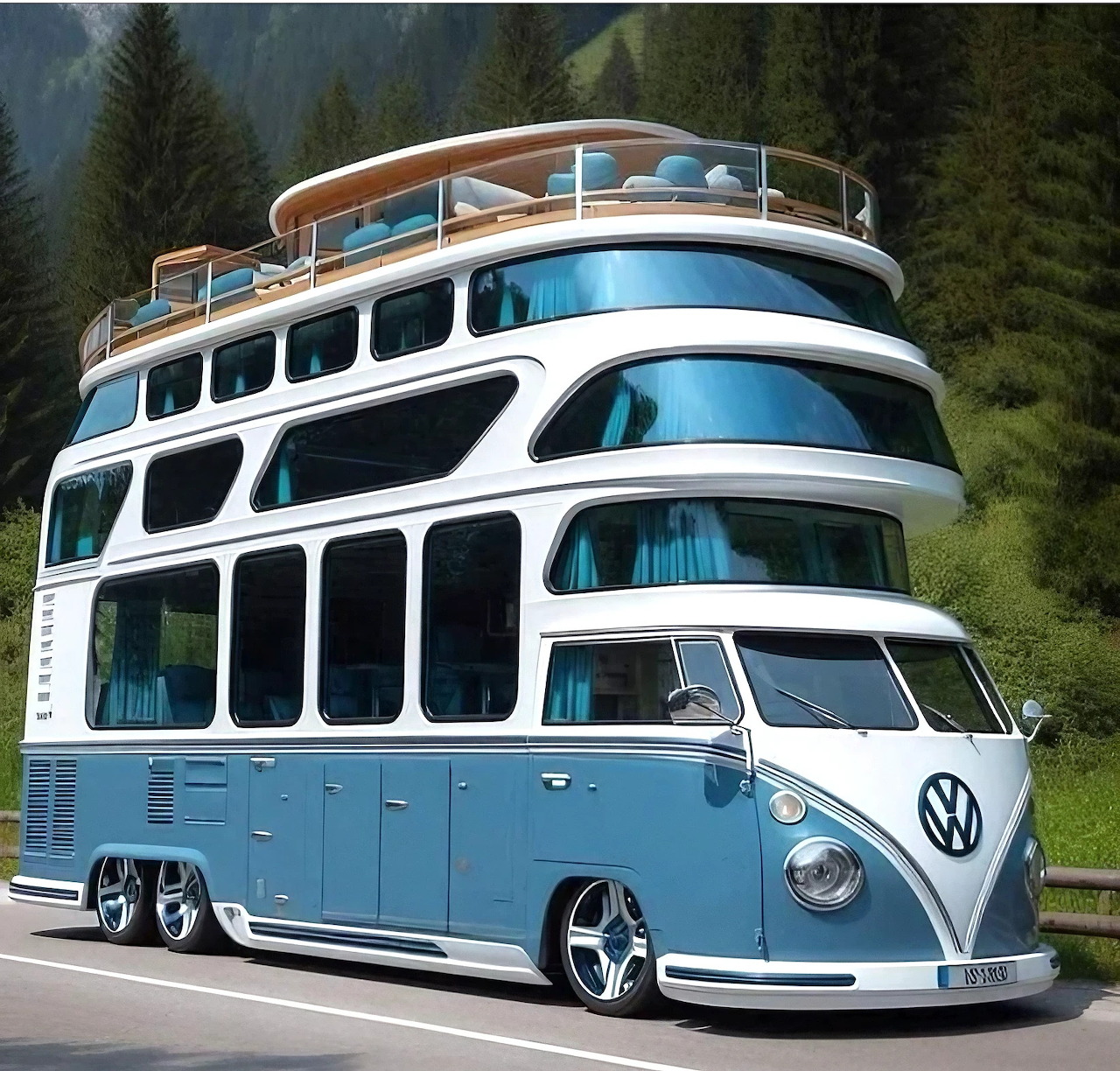 Surreal multi-story VW camper van with curved white and blue exterior and expansive windows in mountain forest setting