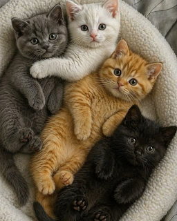 British Shorthair, tabby, and black kitten sitting together
