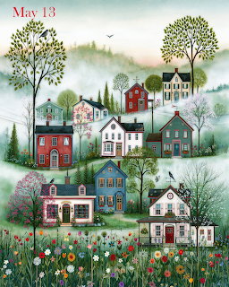 Whimsical painted village with colorful houses, trees, and a flower-filled meadow