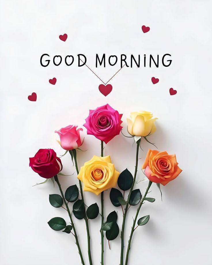 Colorful roses arranged on white background with Good Morning text and red hearts
