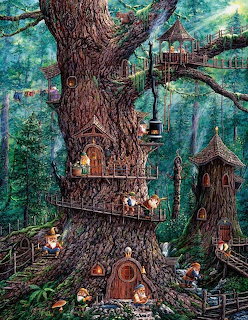 Fantasy tree house with wooden stairs, lanterns, and small homes in an enchanted forest