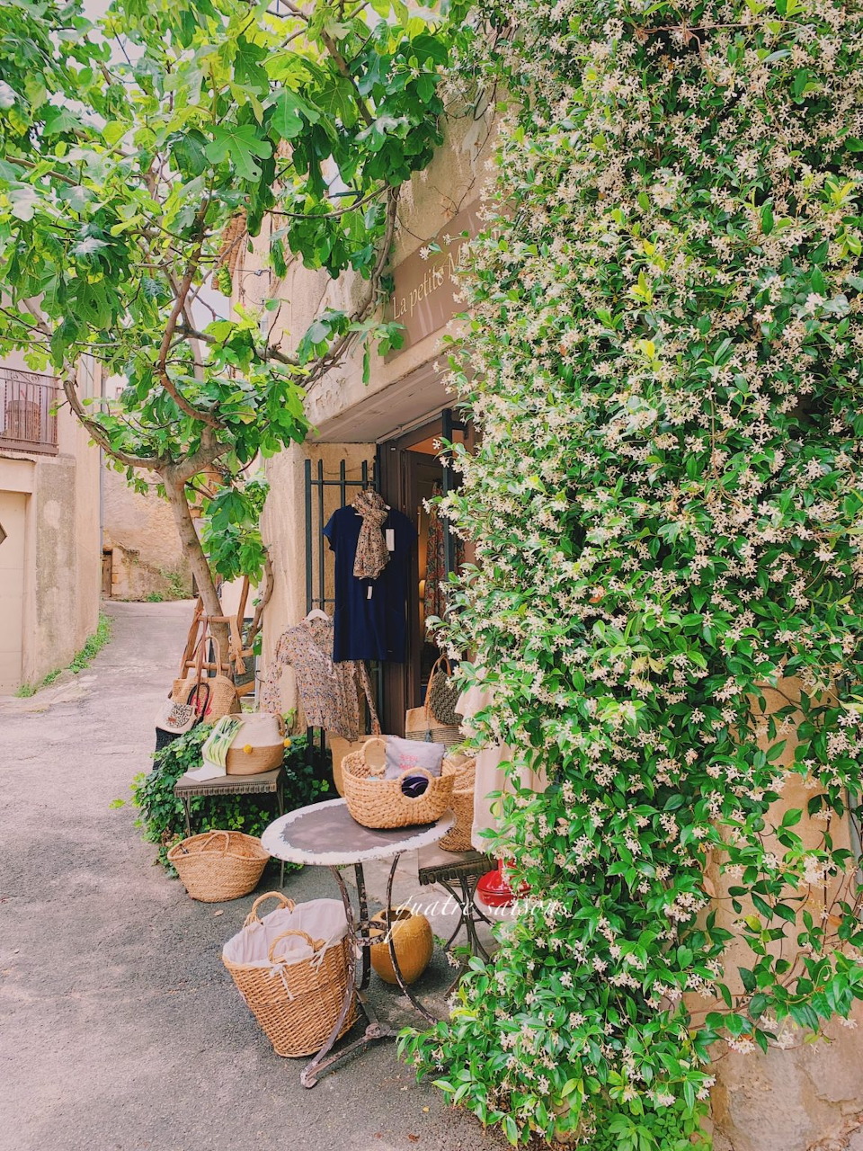 Ivy-covered stone shopfront in Lourmarin, France with wicker baskets and a bistro table on a shaded street