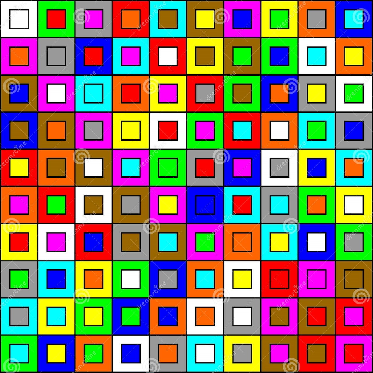 Grid pattern of bright colored squares with multicolored borders arranged in uniform rows and columns