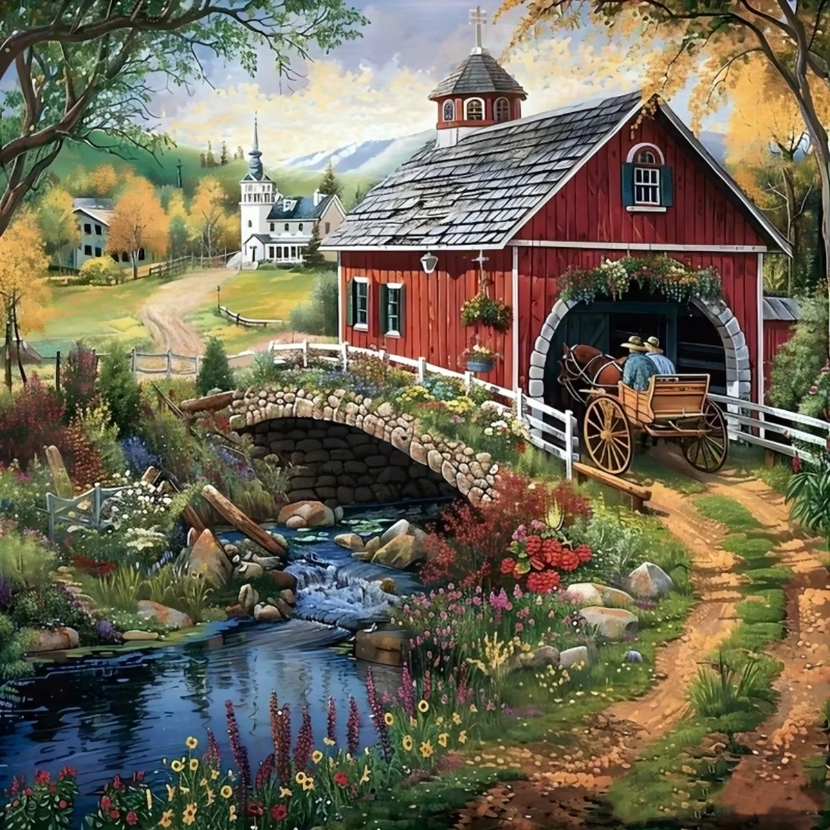 Painting of a red covered bridge by a stream with flowers, a horse cart, and a church in the background