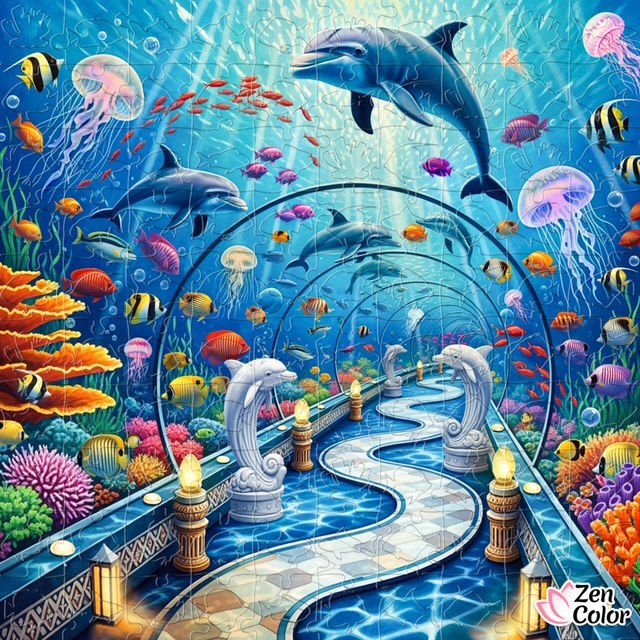 Colorful fantasy underwater scene with dolphins, fish, jellyfish, coral, and a winding tiled pathway