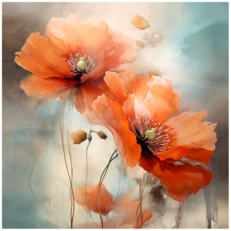 Watercolor painting of two orange poppy flowers on a soft pastel background