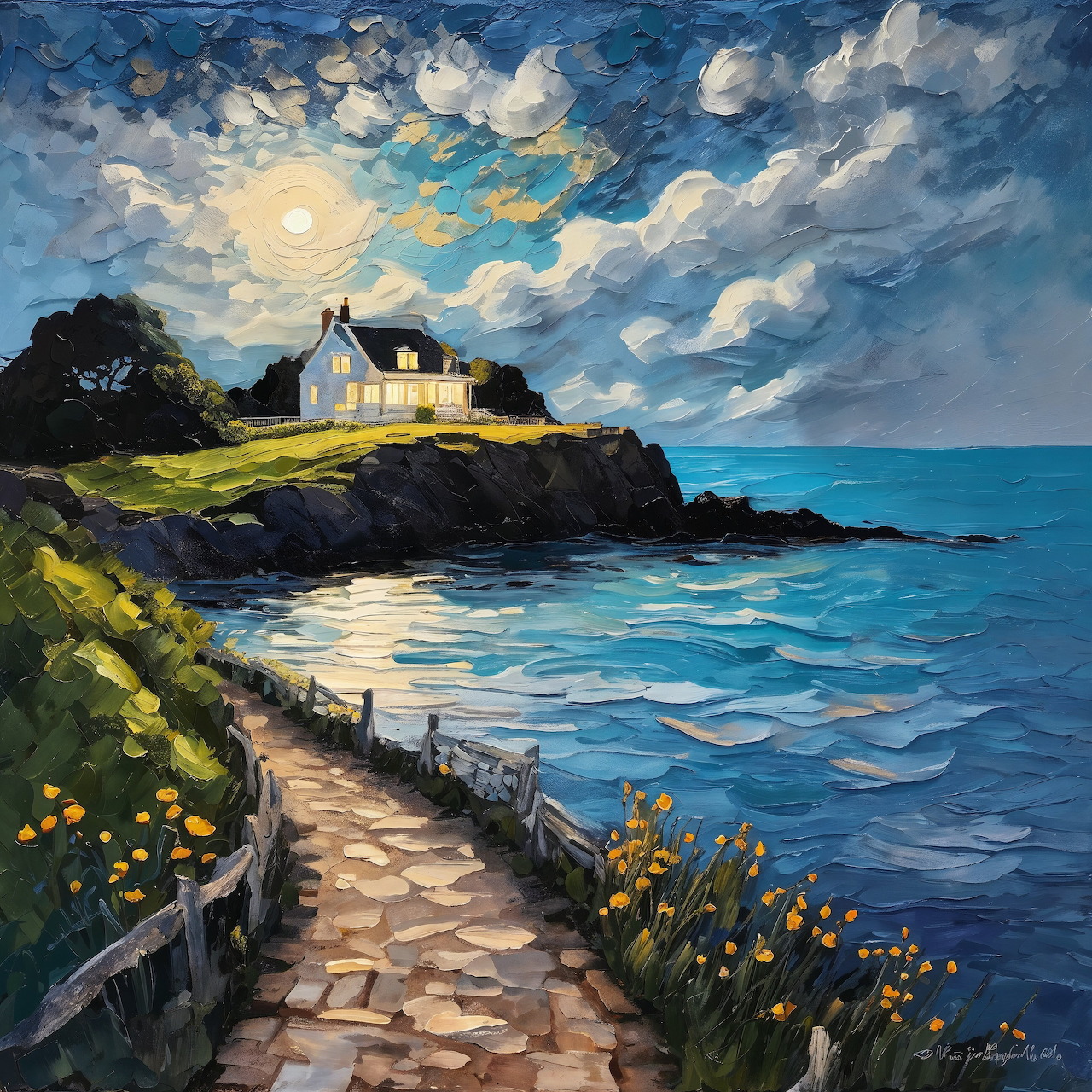 Painting of moonlit coastal house on cliff with stone path and yellow flowers by the sea