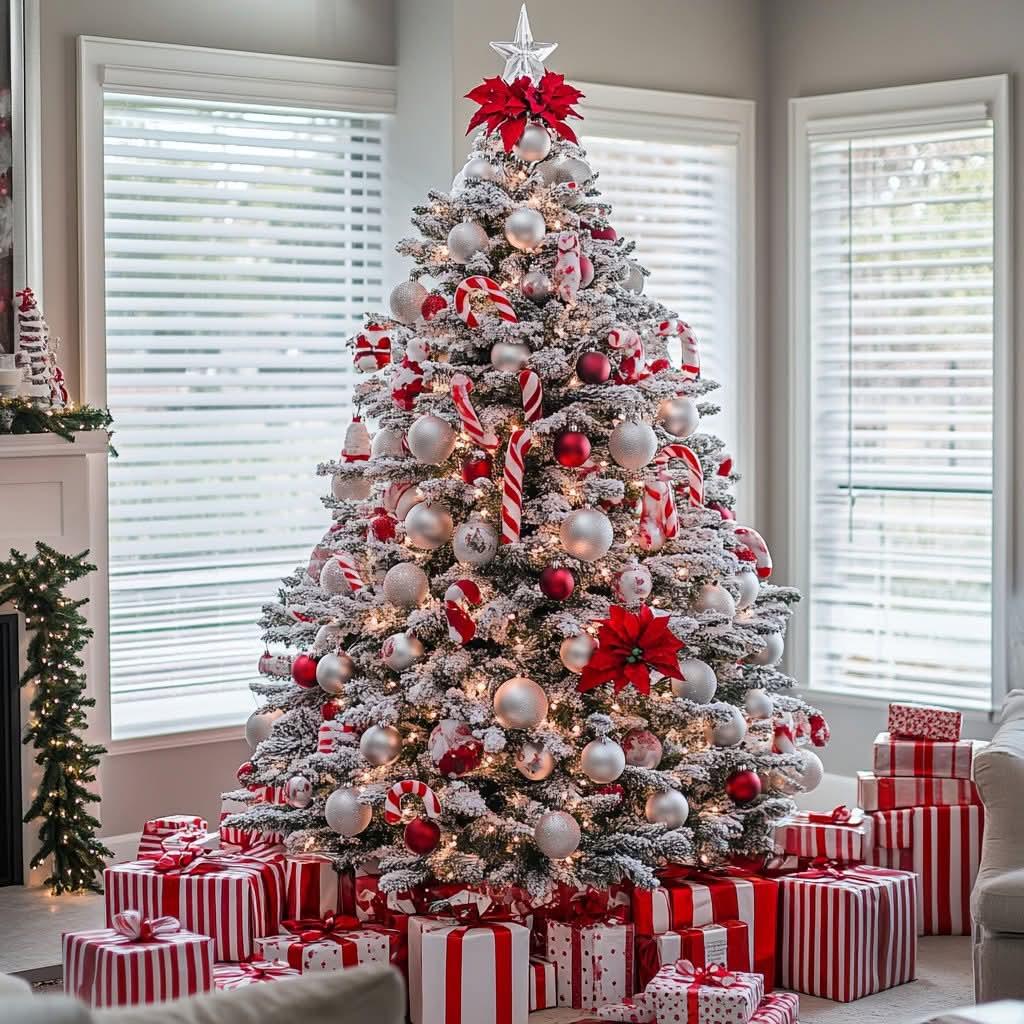 Flocked Christmas tree with red and white ornaments and wrapped presents in a bright living room