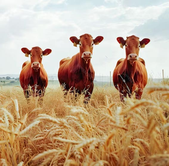 Three brown cows standing in a golden wheat field with cloudy sky behind them