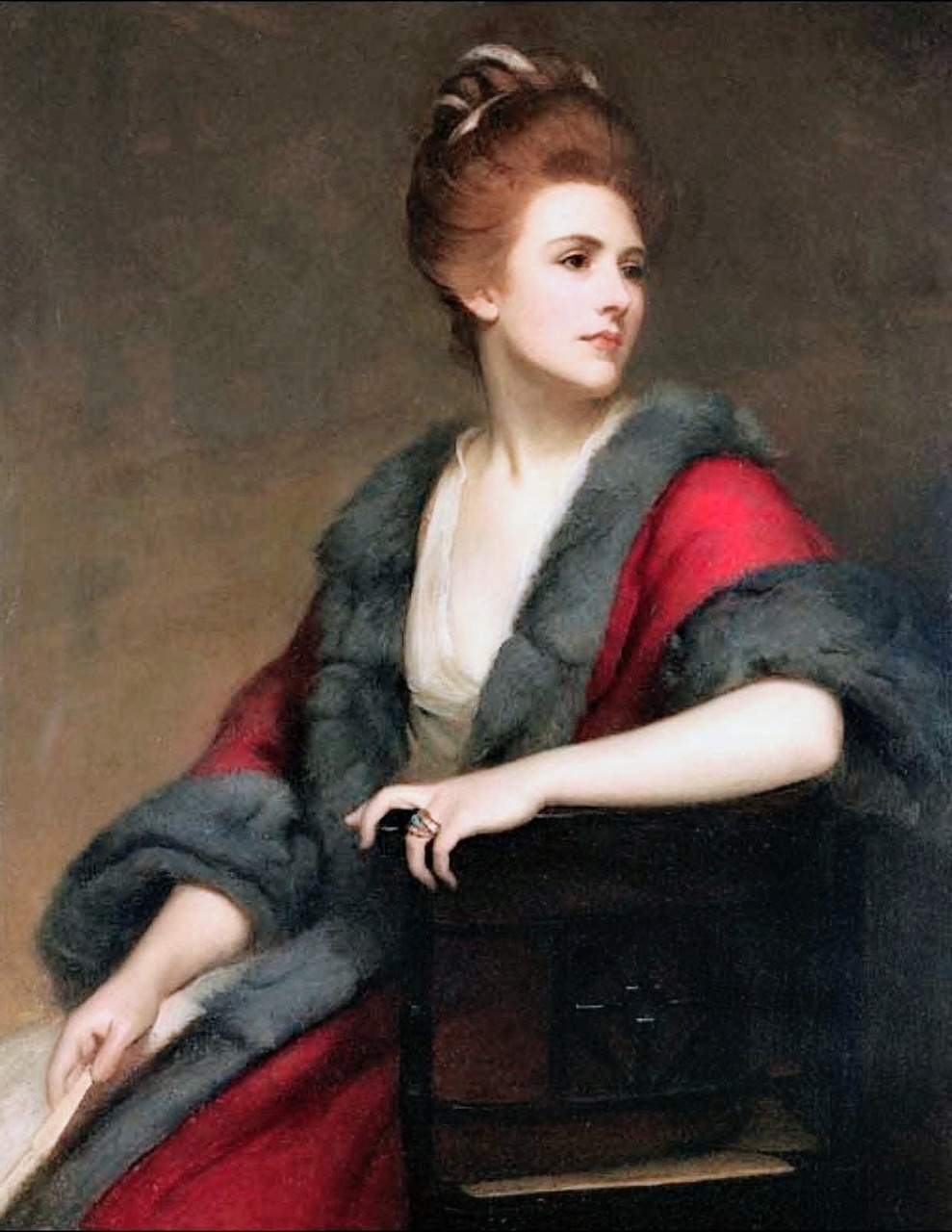 Portrait painting of Lady Betty seated in a red dress with a dark fur shawl