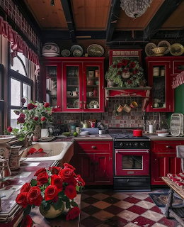Rustic kitchen interior with red cabinets, farmhouse sink, tiled backsplash, and red roses on the table
