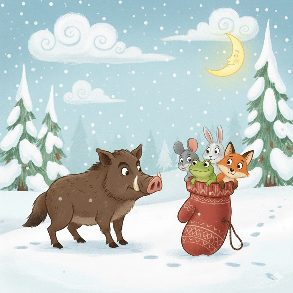 Cartoon wild boar beside a red mitten with three small animals in a snowy winter forest