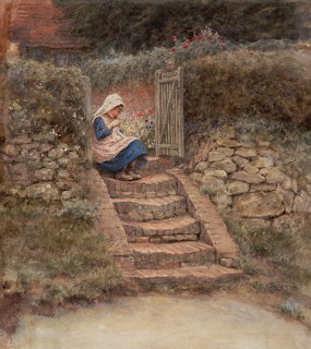 Girl in blue dress sitting by old stone garden gate with steps, vintage watercolor style