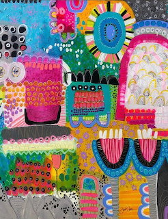 Colorful abstract folk art painting with whimsical creature shapes and bold patterns in mixed media