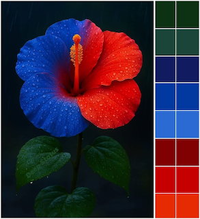 Blue and red hibiscus flower on a dark background with matching color palette swatches on the right