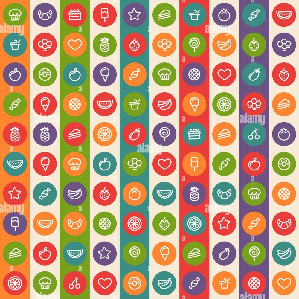 Colorful grid of circular food and beverage icons on bright multicolored backgrounds