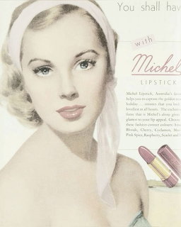 Vintage 1950s ad showing an illustrated blonde woman with red lipstick and Michel lipstick products