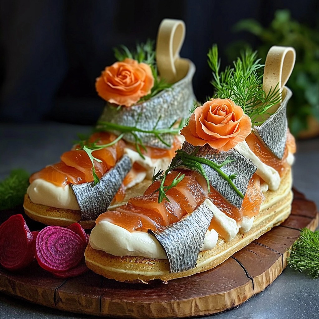 Sneaker-shaped salmon appetizer decorated with cream cheese, dill, roses, and radishes on wooden board