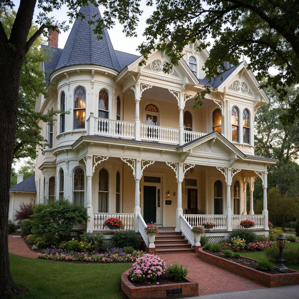 Victorian mansion with turret, wraparound porch, and ornate architectural details surrounded by landscaped gardens