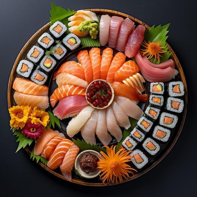 Round platter of assorted sushi, sashimi, and maki rolls with garnishes on a dark background