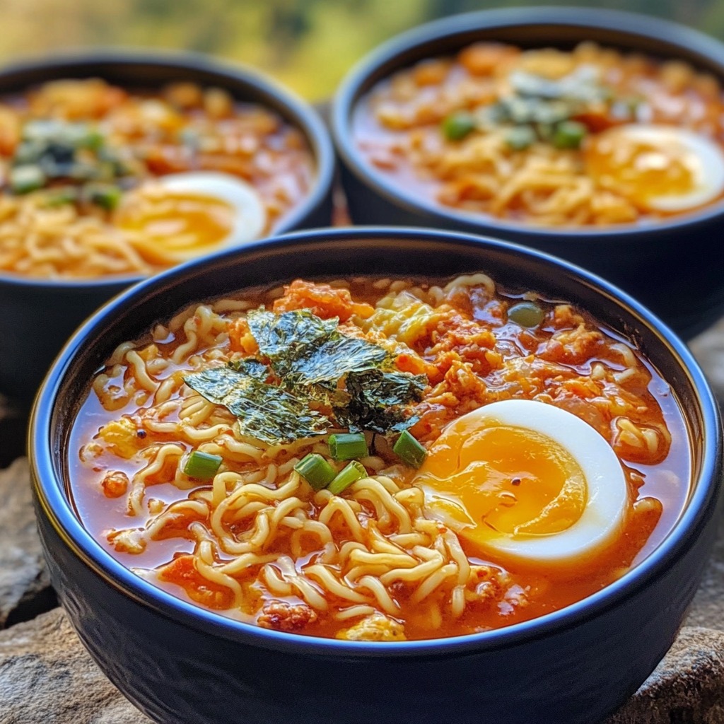Three bowls of kimchi ramen with soft-boiled eggs, seaweed, and green onions