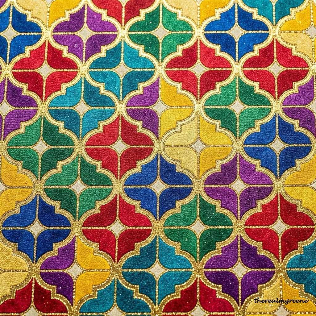 Colorful jewel-toned repeating geometric pattern with quatrefoil shapes in red, blue, green, gold, and purple