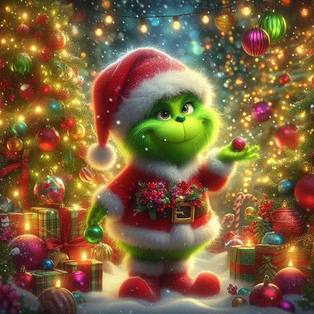 Green Grinch in a Santa outfit standing among Christmas trees, ornaments, and presents