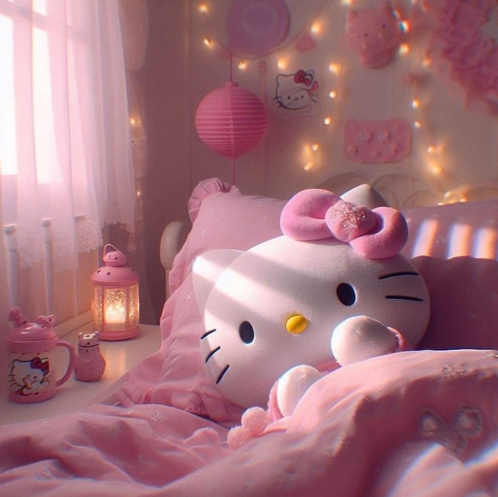Pink bedroom with large Hello Kitty character pillow on bed surrounded by decorative lights and lanterns