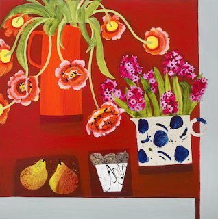 Still life painting with tulips, hyacinths in vases, and pears on red background