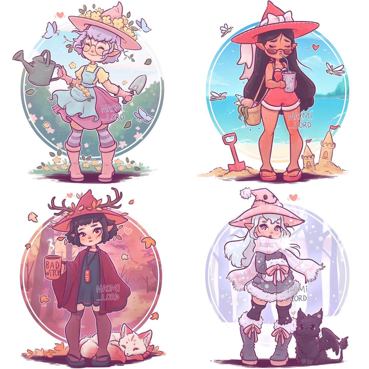 Four cartoon witch girls in circular frames with magical accessories and pets