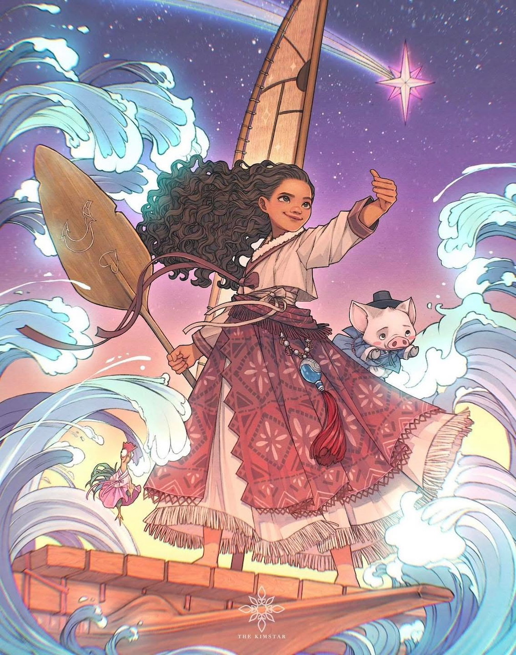 Moana holding oar on boat with ocean waves and stars