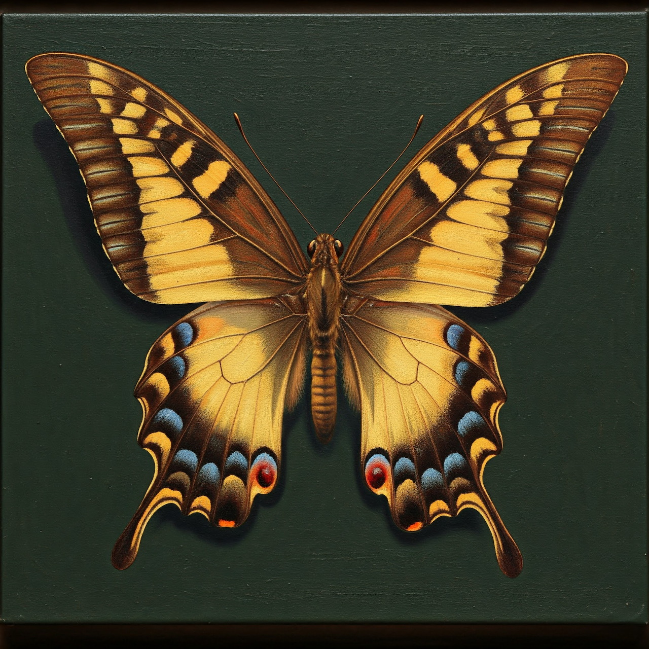 Yellow swallowtail butterfly with black stripes and colorful eyespots on dark teal background