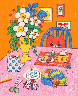 Colorful cartoon illustration of a red cat at a table with flowers, food, and craft supplies in a cozy room