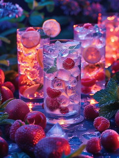 Illuminated cocktail glasses with fruit, berries, and colorful LED lights in purple, pink, and orange tones