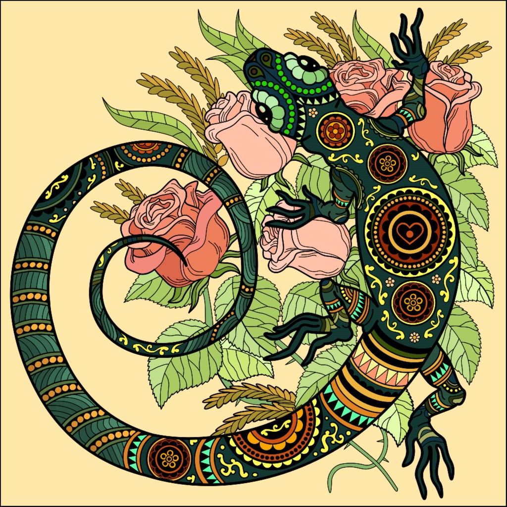 Decorative lizard with geometric patterns intertwined with pink roses and green foliage on cream background