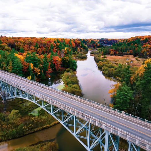 Steel bridge over a river with autumn forest on both sides