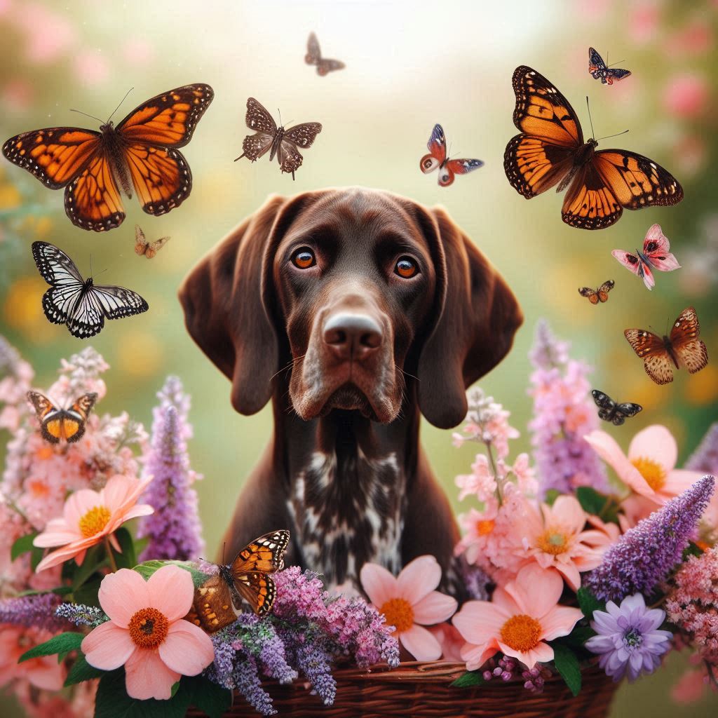 German Shorthaired Pointer puppy with flowers and butterflies in garden