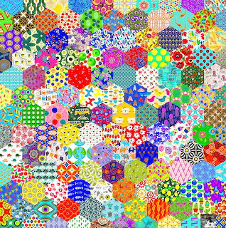 Dense collage of colorful hexagonal tiles with varied patterns including dots, flowers, stripes, and geometric designs