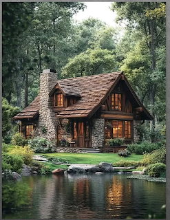 Stone and wood cabin with lit windows surrounded by green trees and reflected in a pond