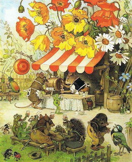 Illustrated scene of dressed animals dining at a tiny outdoor café surrounded by colorful flowers
