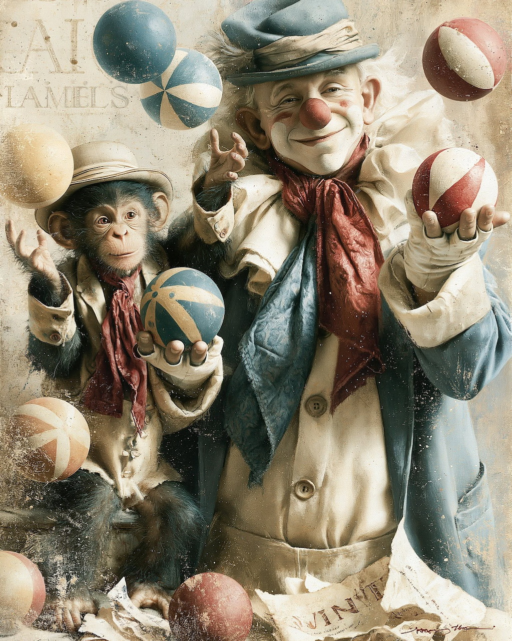 Vintage-style clown with a monkey juggling striped balls in a whimsical circus scene