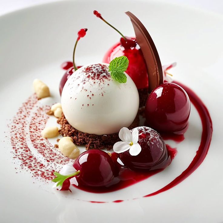 Gourmet plated dessert with white sphere, cherries, chocolate shard, and red sauce